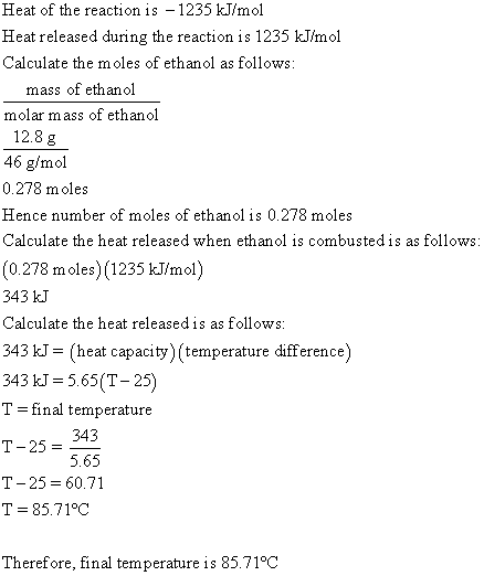 Heat of the reaction is -1235 kJ/mol Heat released during the reaction is 1235 kJ/mol Calculate the moles of ethanol as follo
