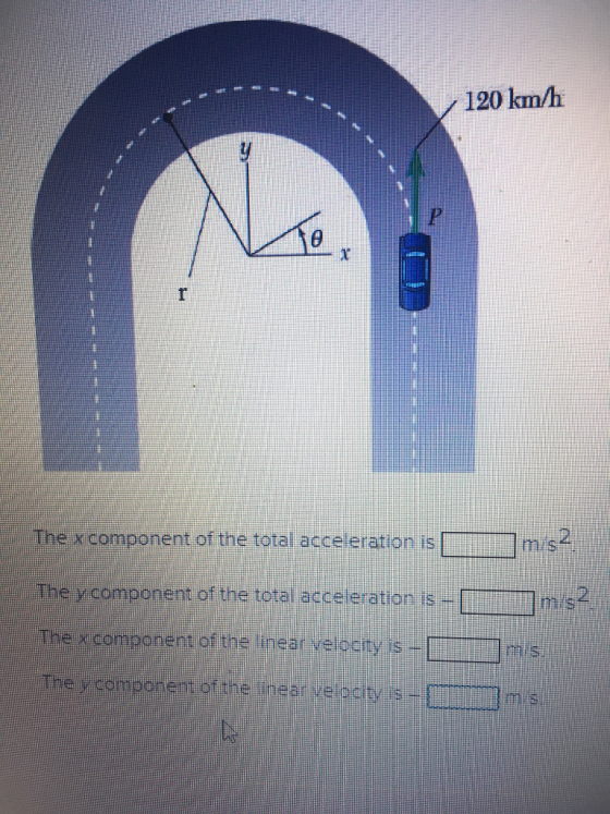 120 km/h 1 The x component of the total acceleration is The y component of the total acceleration is - The xcomponent of tne inear velocty is