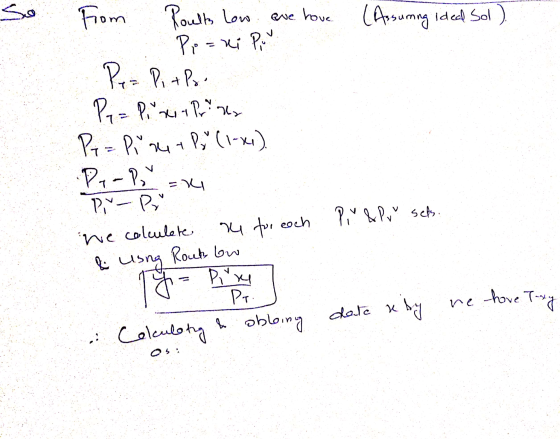 so (Assuming Ideal Sol) From Rosults Low eve hove Pe=ni Piul Pe= Pitpol Pq = P sur Play Py = Piet P (1-x1). .P. - P = x Pil &