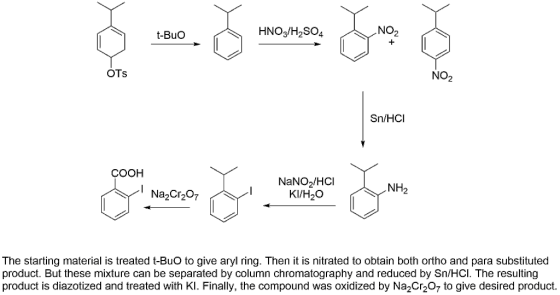 5 - Joma Jose t-Buo HNO3/H2SO4 OTS NO2 Sn/HCI COOH Na2Cr207 NaNO2/HCI KI/H2O TNH2 The starting material is treated t-BuO to g