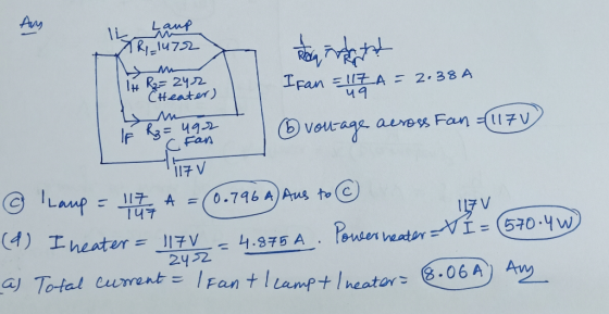 Aum Laup Ri=1072 14 Rz=242 teater) I fan = 117A = 2.38 A 49 IF R = 492 C Fan 117 A = voutage across Fan =(117U 117 v @ Laup