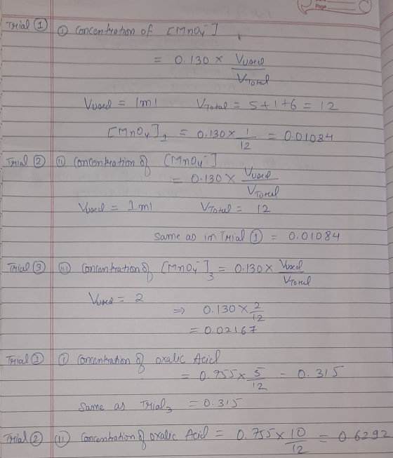 Page Trial o concentration of [Mnoy J = 0.130 X Vuscel - Viorel Votal I St1+6 = 12 Vused - Iml = 0.01084 . [Mnoy J -Terial ②