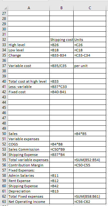 32 33 High level 34 Low level 35 Change Shipping cost Units =B26 =C26 =B18 =C18 =B33-B34 =C33-C34 36 37 Variable cost =B35/C3