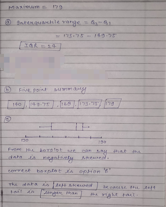 Maximum 179 Interquartile range 173.75 199.75 IOR = 24 16 Five point summ summary 140 1149.75 1173.75 1179 130 190 from the b