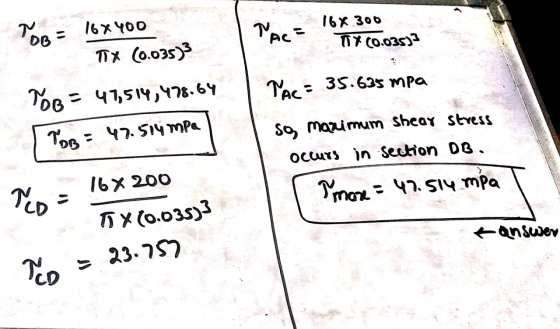 16X 300 TX (0.035)) Por = 16 x 400 TX (0.035)3 POB = 47,514,478.64 ToB = 47.514 mpa = 35.635 mpa so marimum shear stress occu