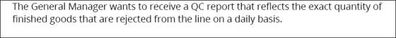 The General Manager wants to receive a QC report that reflects the exact quantity of finished goods that are rejected from the line on a daily basis.