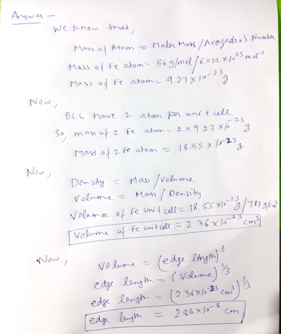 Aywer - We know that Mass of Atom - Molar Mass / Avogadros Number Mass of fe atom= 56 g/mol /6.022x10 23 molt Mass of Fe ato