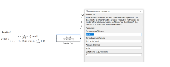 X Block Parameters: Transfer Fcn5 ♡ Transfer Fon The numerator coefficient can be a vector or matrix expression. The denomina