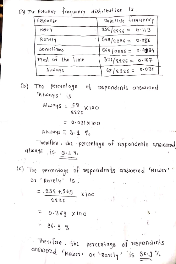 Nove Y 25272226 = 0.031 Therefore, the percentage of respondents answered Newey? Oy Rarely is 36.9% is , (9) The Relative fr