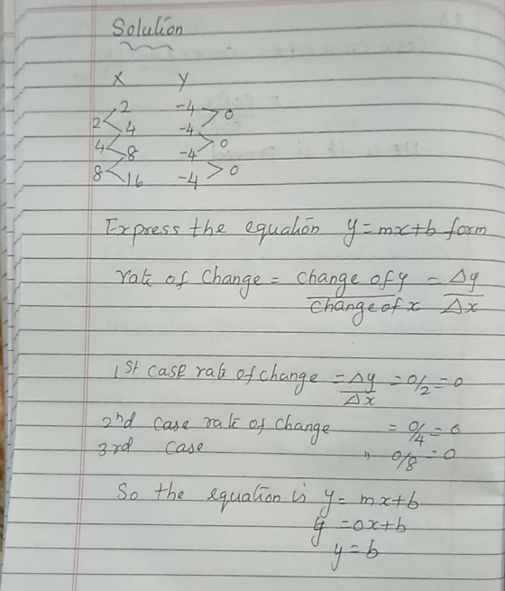 Solucion 1234 458 -4 -4 Express the equalón y=mctb form rate of Change = change ofy - Ag change of x D x ist case rage of cha