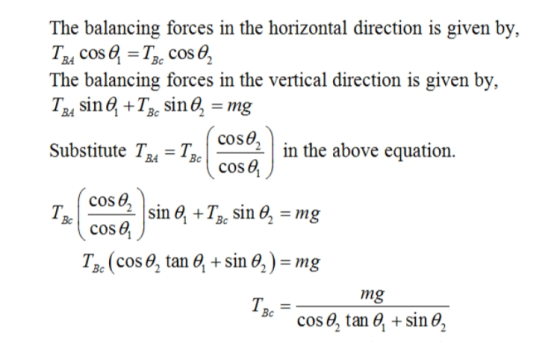 The balancing forces in the horizontal direction is given by, TBA cos , =Tg. cos , The balancing forces in the vertical direc