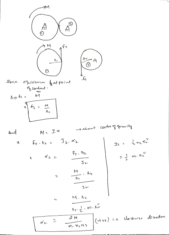 ЭМ ÆO A afe 8v lu G O fe force equilibrium tat point of contact: hix fc = a fc Eloč about centre of gravity and M = I a fo.hr