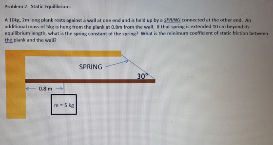 Problem 2. Static Equilibrium. A 10kg, 2m long pla