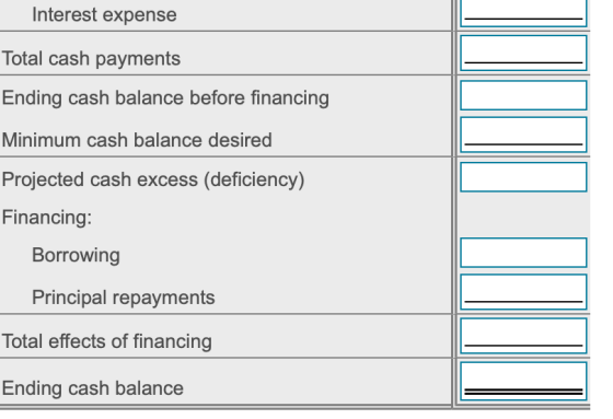 Interest expense Total cash payments Ending cash balance before financing Minimum cash balance desired Projected cash excess