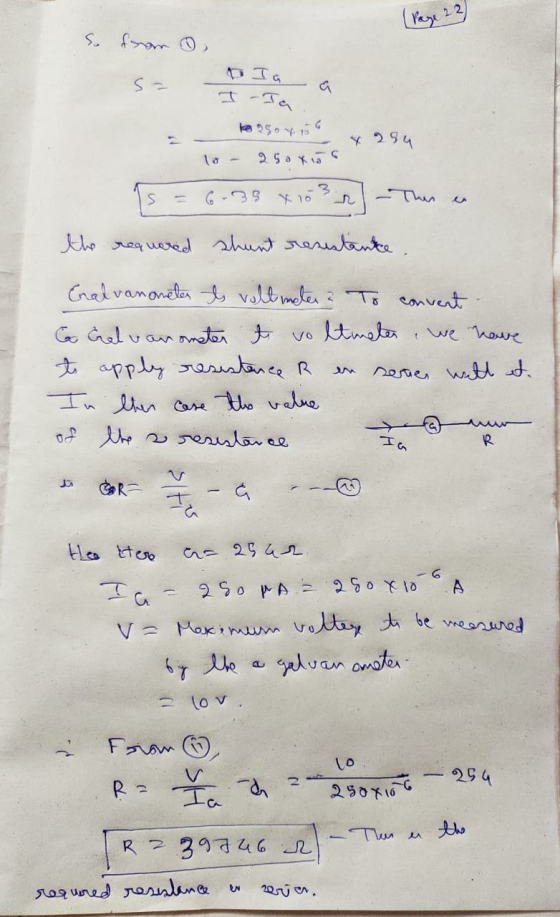 (Page 22 So from s- o Ja I - Ja to asoro 4294 lo - 25oxios S 6.39 yo - Thes the requered shunt resistante. Eralvanomeles Is v