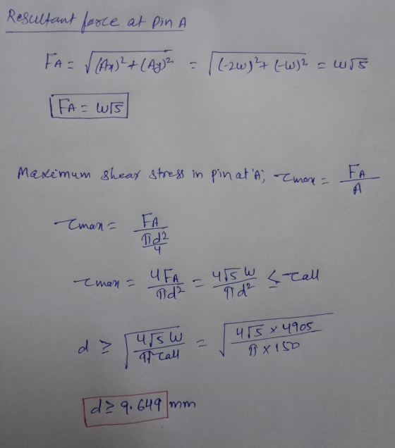 Resultant force at Pin A FA = √(AM²+ (Ayz = [(-2w1²+ (-w)2 = wis FA = Wis Maximum shear stress in pin at A, Tman = FA A Iman