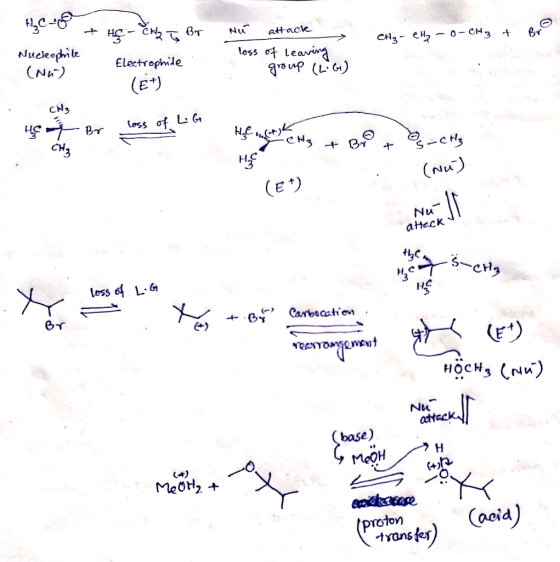 HC- Nu attack + BT CH3 - CH2 - 0-CH3 + HS - Crta ū Br Nucleophile Electrophile (NW) (et) loss of leaving group (L:6) CH₃ Br t