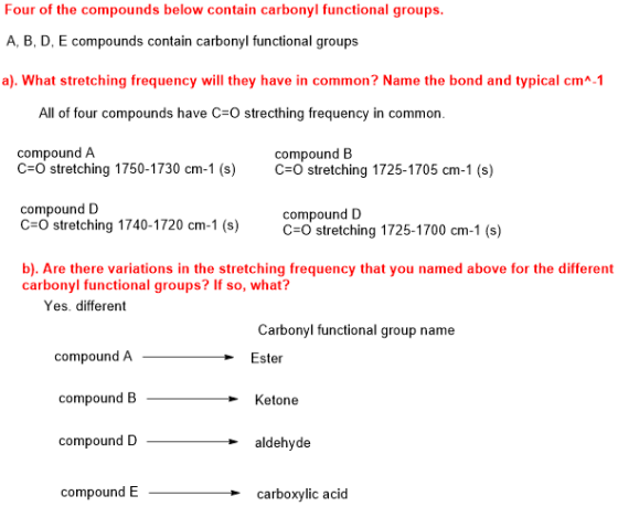 Four of the compounds below contain carbonyl functional groups. A, B, D, E compounds contain carbonyl functional groups a). W