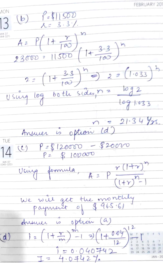 FEBRUARY 20 ΛΟΝ 13 6 WK 07 044-321) _23000 ? 11500 ( 1+ 3.3.) - 2 = ( 1+ 3.3 ) = 2 = (1.033) Usung log both sides, na log 2