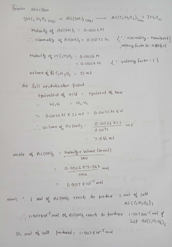 Griven reaction 3HC2 H302 (9 AJ(C)HO H,0 Al(OH2 (99) Molarity of At (OH), 0002 4 M Normality Molarita Ivif. valency factor fo