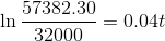 \ln \frac{57382.30} {32000} = 0.04 t