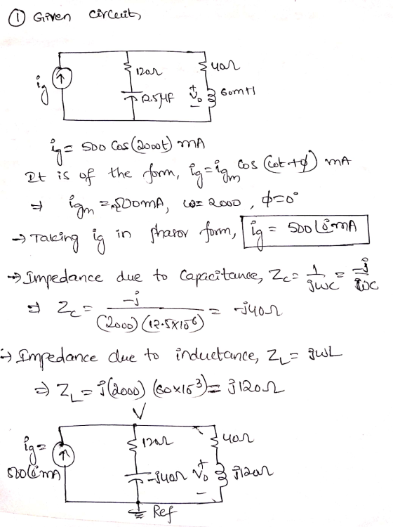 0 Given circuits Gomti {por suar PRISTUP & comts a sdo Cos (2000-) ma It is of the form, ig=ig cos (lot to ma o igm ?DOMA, 67