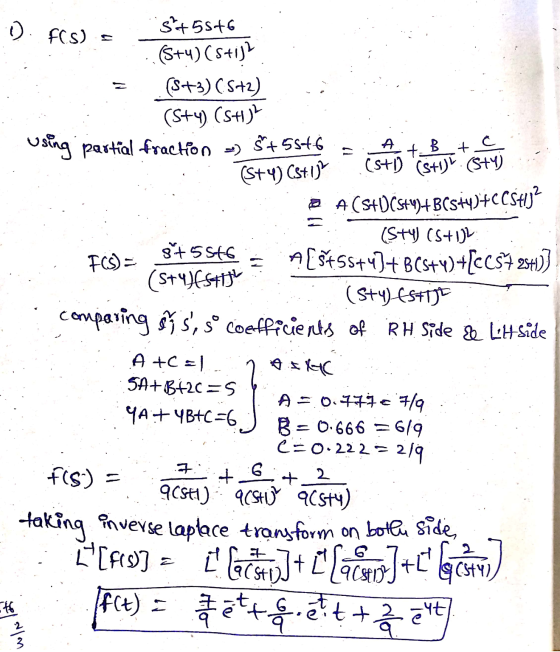 1. FCs) e ist5846 (5+0 S+11. Stoj .. (5+4)(s+i)? . (5+3) CS+2) (Sty) (SHN) using partial fraction =) $ +55+6 = A + B + c (S