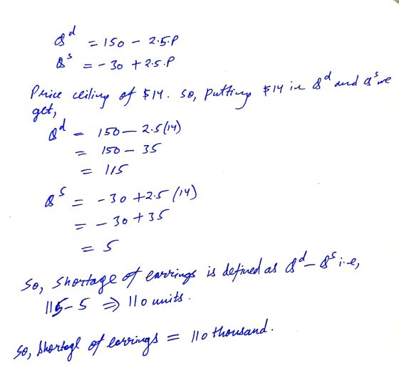 ad =150-2.5.0 & =-30 +2.5.P Price ceiling of $14. so, putting $14 in 8 get, 00 e 150–2.5114) = 150 – 35 = 115 os=-30+2.5/14