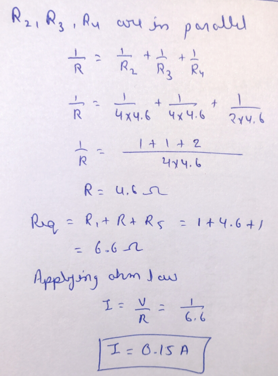 R₂, Rz, Ru are in parallel +1 + . 5 R + + I 4x4.6 I 4x4.6 L 24.6 J) 1 + 1 + 2 Ř - 4x4.6 R=u. br = Rit Rt Rs = 1+4.6+1 = 6.br
