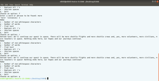 nikhil@nikhil-Vostro-15-3568: -/Desktop/CODE File Edit View Search Terminal Help 5. Replace all !s s Shorten spaces 9 - Quit