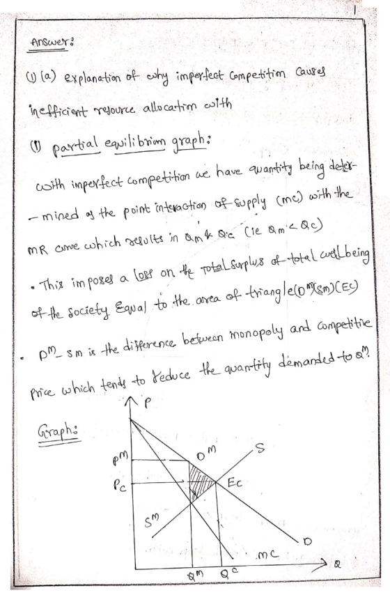 Answer: (4 (a) explanation of why imperfect competition causes inefficient resource allocation with ( partial equilibrim grap