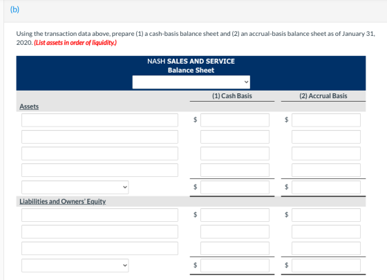(b) Using the transaction data above, prepare (1) a cash-basis balance sheet and (2) an accrual-basis balance sheet as of Jan