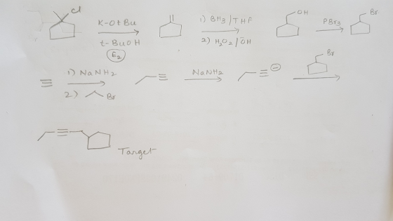 OH K-Ot Bu o content PB12 1) Bнз )тне is commonly & t-BuOH 2) H₂0210H 1) NaNH2 NaNH2 2) Br Target