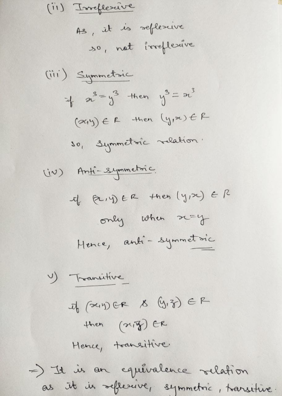 () Tefiesve t is efleseive AS inpleive net C) Symetic 3 then ta-j then y)R o,ymmeticlation Anti mmcric )ER then ly/) eR whn o