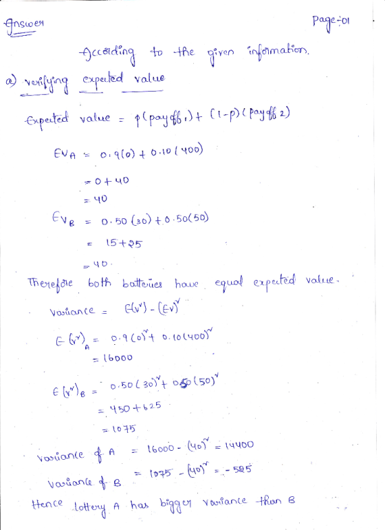 Inswer page-01 the given information. According to expected value a) verifying Expected value = p pay $6.) + (1-P) 2 pay f6 2