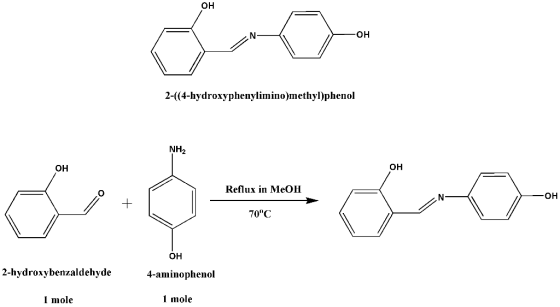 0H 6 2-((4-hydroxyphenylimino)methyl)phenol NH2 Reflux in MeOH 2 -0H - 70C OH 2-hydroxybenzaldehyde 4-aminophenol 1 mole 1 m