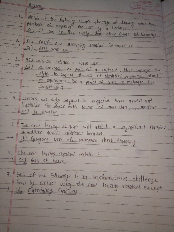 classmate Answer | Which of the following is an advantage of lening over the Apurchase of poperty for use by a bystness ? cc.