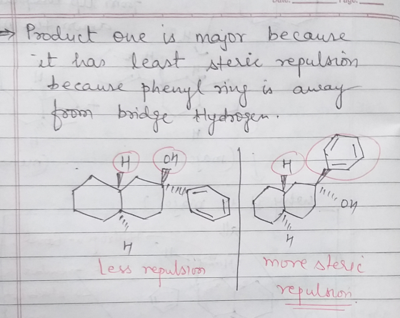 Product one is major because it has least steric repulsion because phenyl ring is away from bridge hydrogen. Ille on Н . Less