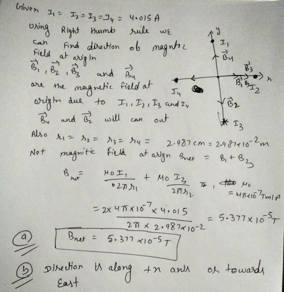 Right thumb 15 Can field at magntic B, B 1 Given II = 2 = 2y = 40015 A using rile we Finde direction of I Bu origin and Bu th