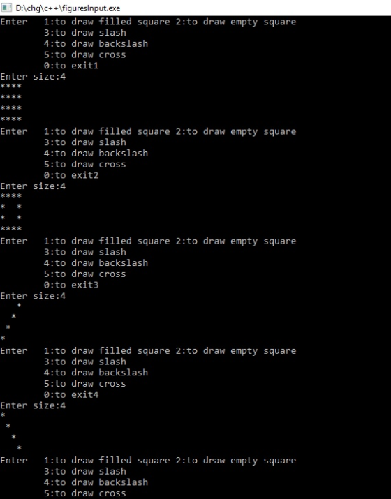 DAchglc++figuresinput.exe Enter 1:to draw filled square 2:to draw empty square 3:to draw slash 4:to draw backslash 5:to draw