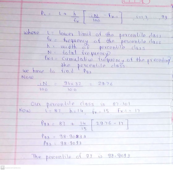 Pi Lt h Thi re 1=!? 99 where li lower limit or the percentile class ar the he witth of percentile class percentile class ik =