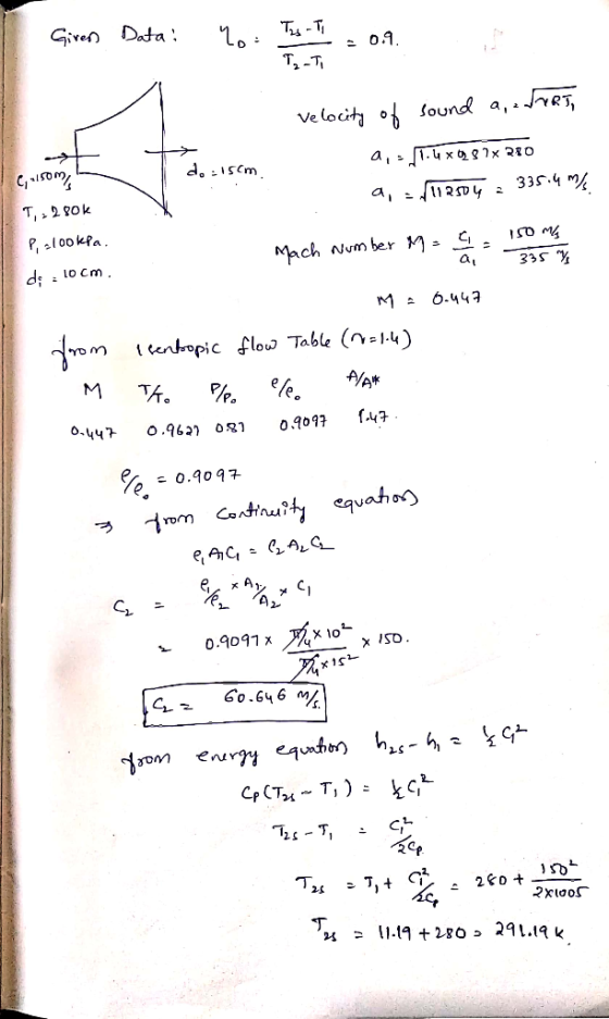 Given Data: 20: Ts - Ti : 09. T -T, ve locity of sound a,.RT, do :15cm. a, = 1504 2 335.4 m/% T, 2 2 80k P, slookfa. Mach Num