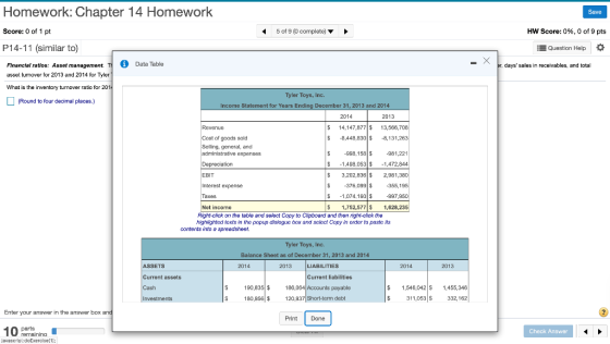 Save Homework: Chapter 14 Homework Score: 0 of 1 pt P14-11 (similar to) 5 of 9 (0 complete) HW Score: 0%, 0 of 9 pts Question