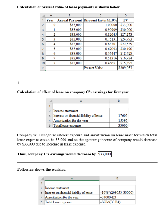 Calculation of present value of lease payments is shown below. AB D 1 Year Annual Payment Discount factor@10% PV $33,000 1.00