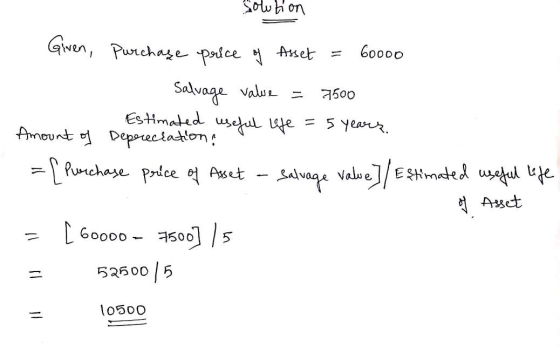 Solution 60000 7500 Given, Purchase price of Asset = Salvage value = Estimated useful life = 5 years. Amount of Depreciation.