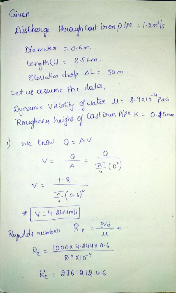 Ginen Discharge through Cast iron pipe = 1.2 m/s Diameter = 0.6m. length (y = 2.5km. Elevation drop al = som. Let us assume t