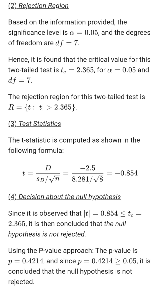 (2) Rejection Region Based on the information provided, the significance level is a = 0.05, and the degrees of freedom are df