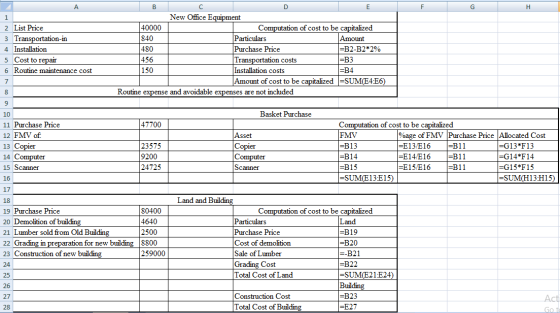 A H 2 List Price 3 Transportation-in 4 Installation 5 Cost to repair 6 Routine maintenance cost B New Office Equipment 40000