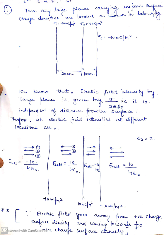Three very large planes carrying unipom surface charge densitice are located as shown in below fig. = Lonc./m? 52= lonc/m² 19