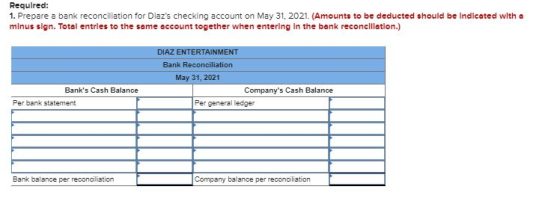 Required: 1. Prepare a bank reconciliation for Diazs checking account on May 31, 2021. (Amounts to be deducted should be Ind